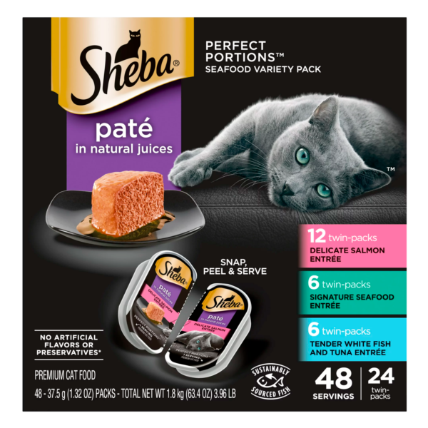 SHEBA Wet Cat Food Pate Variety Pack, Signature Seafood, Delicate Salmon and Tender Whitefish & Tuna Entrees, 2.6 oz. PERFECT PORTIONS Twin-Pack Trays