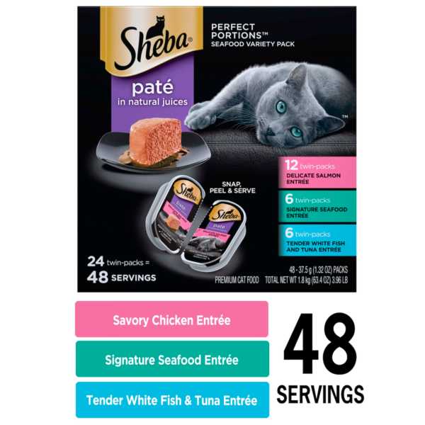 SHEBA Wet Cat Food Pate Variety Pack, Signature Seafood, Delicate Salmon and Tender Whitefish & Tuna Entrees, 2.6 oz. PERFECT PORTIONS Twin-Pack Trays - Image 2